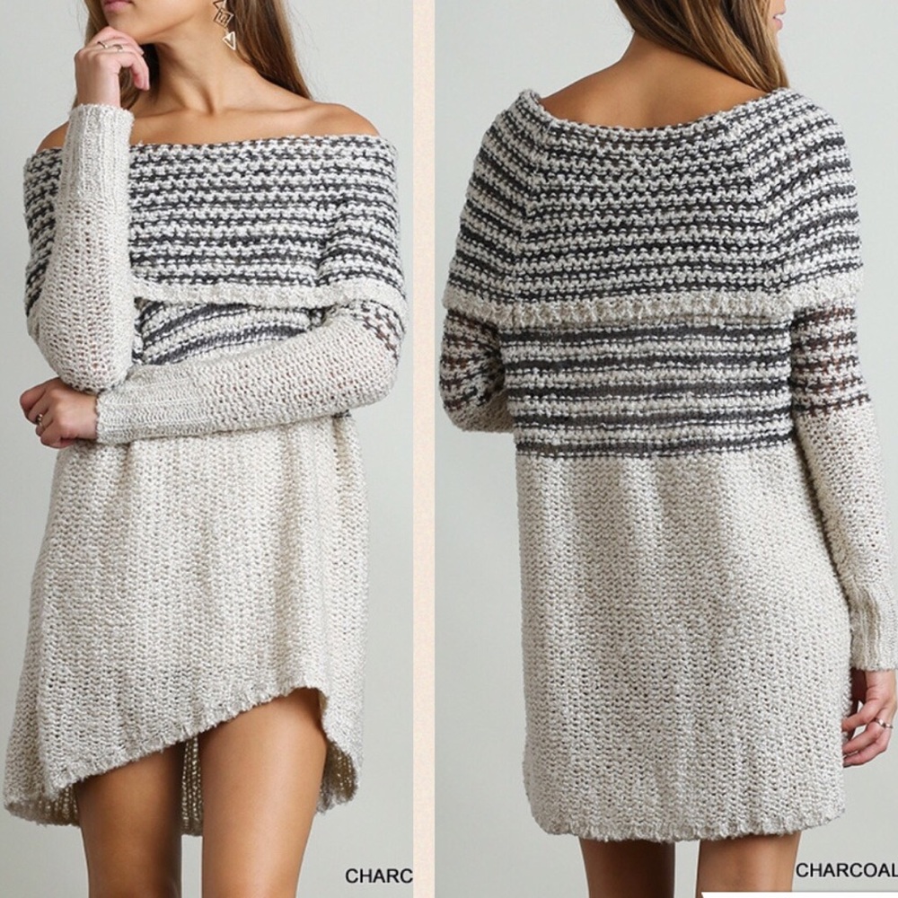 Off shoulder cream sweater knit dress